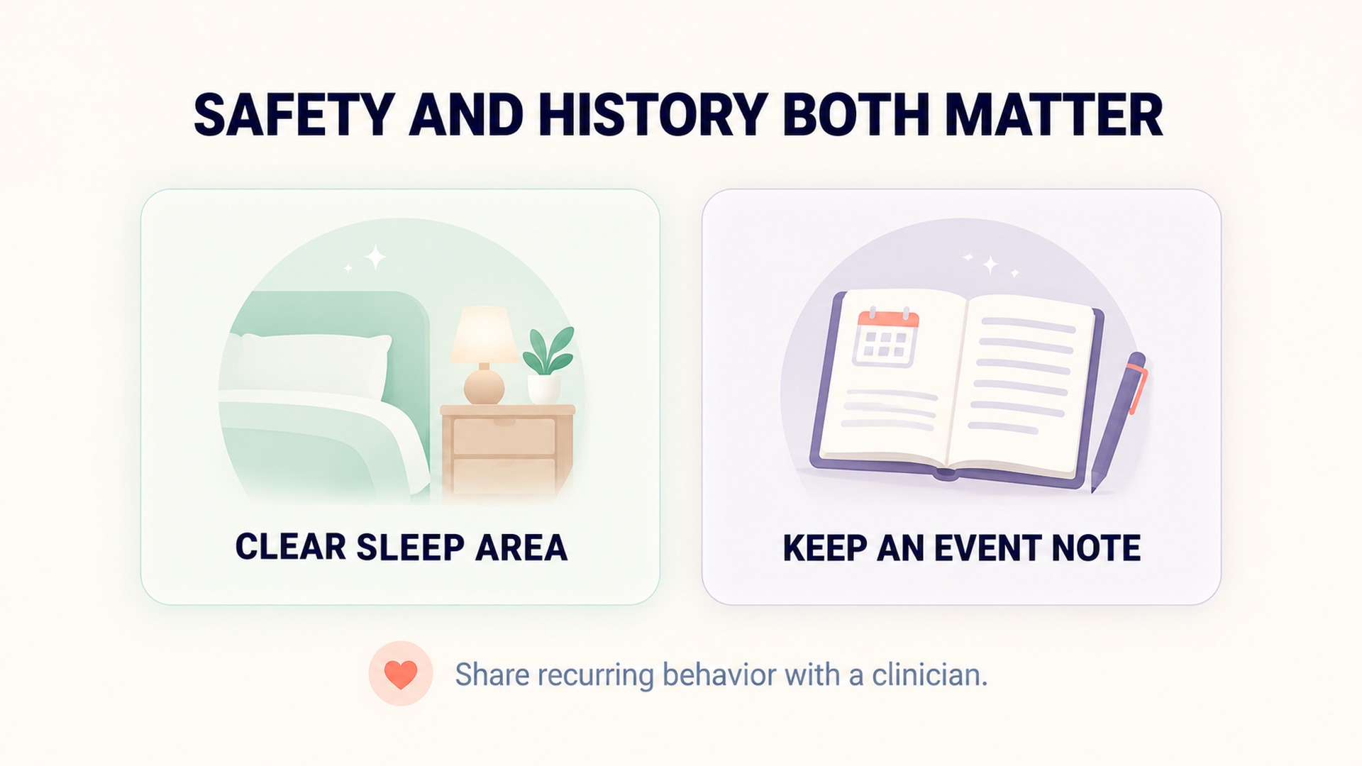 Keep the sleep area clear and record recurring behavior for review.