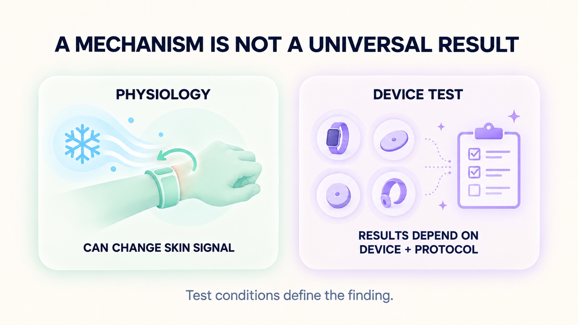 A comparison between cold-related physiology and device-specific test results, emphasizing that findings depend on the device and protocol.