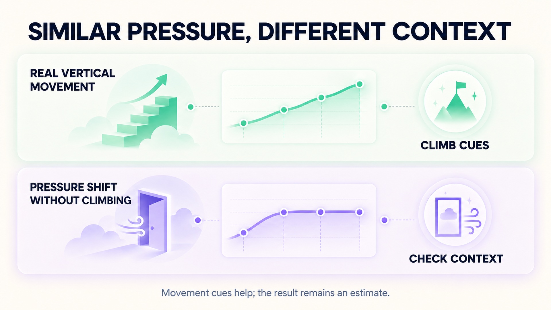 A comparison of true vertical movement and pressure change without climbing, with a reminder that context matters.