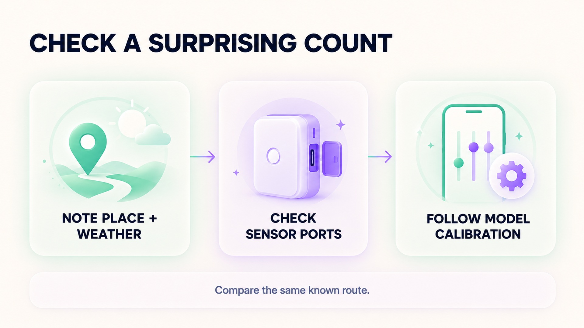 A three-step review: note place and weather, check sensor ports, and follow model calibration instructions.