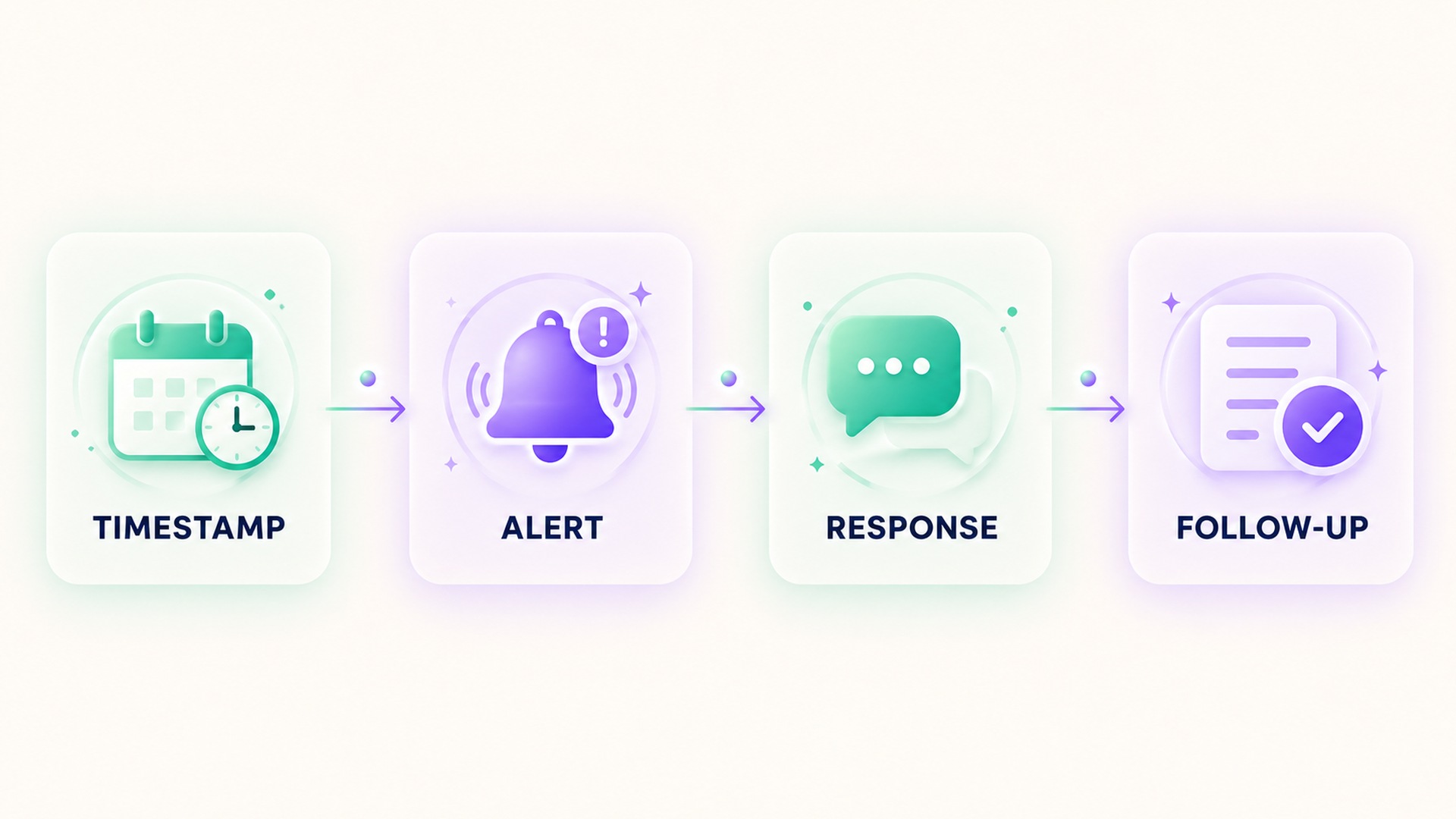 Four event checks: timestamp, alert, response, and follow-up.