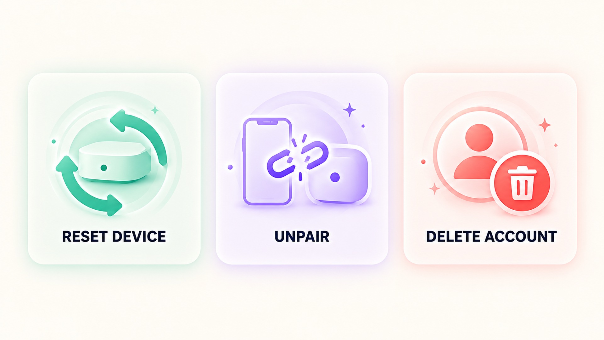 Reset device, unpair, and delete account appear as distinct actions.