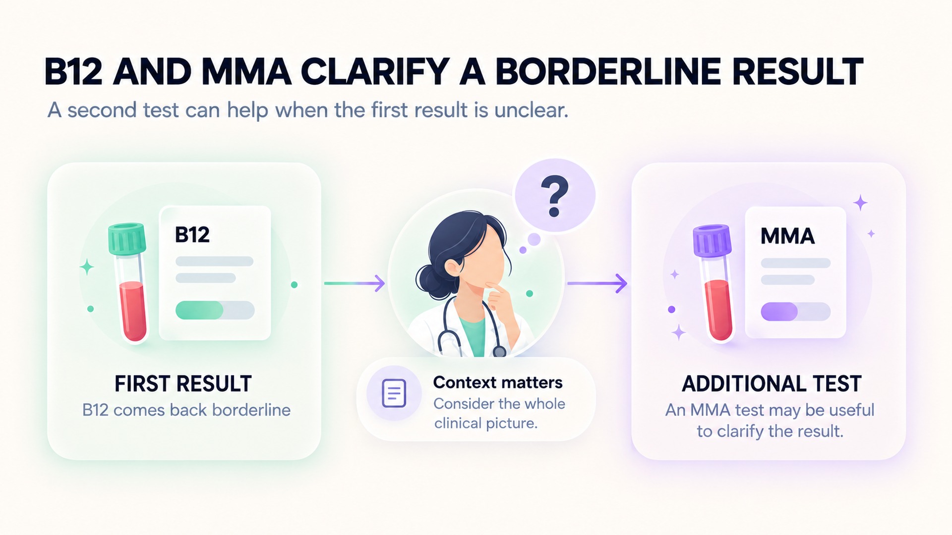 B12 and MMA result cards with a clinician considering additional testing when indicated.