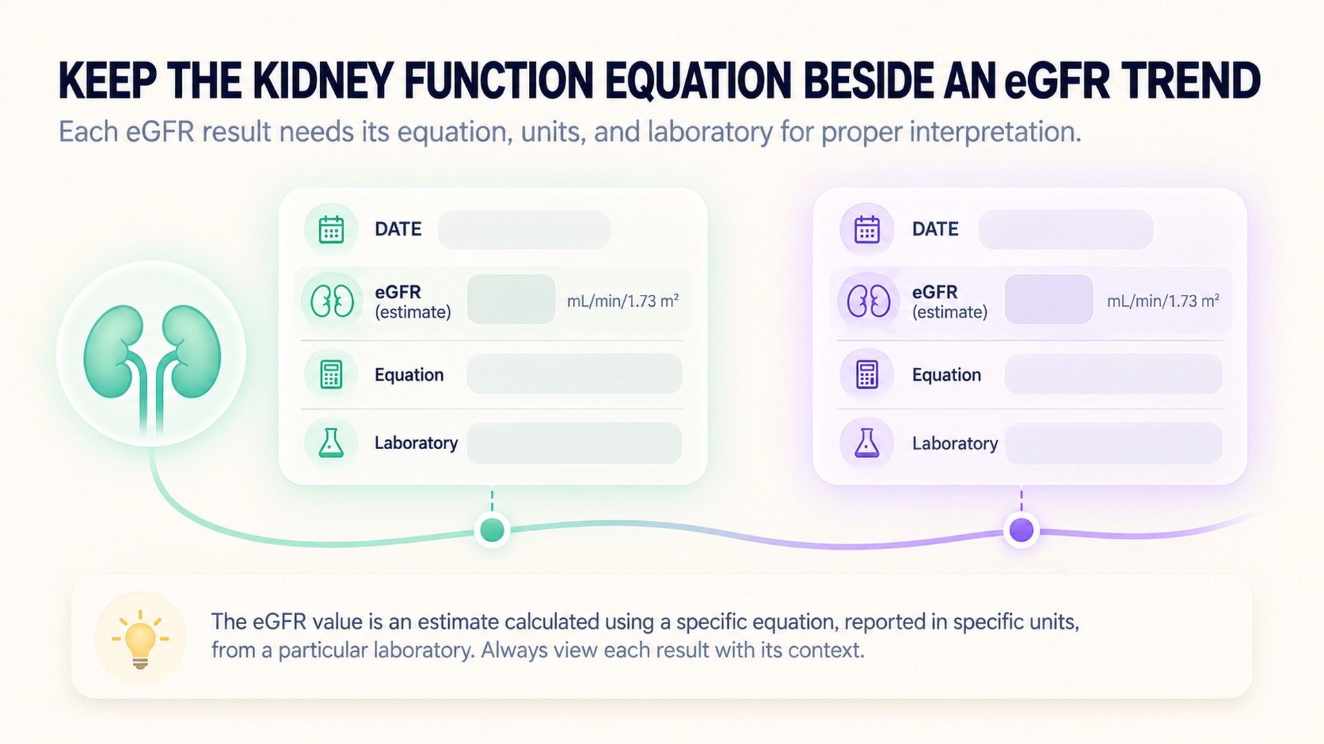 An eGFR timeline preserves date, units, equation, and laboratory.